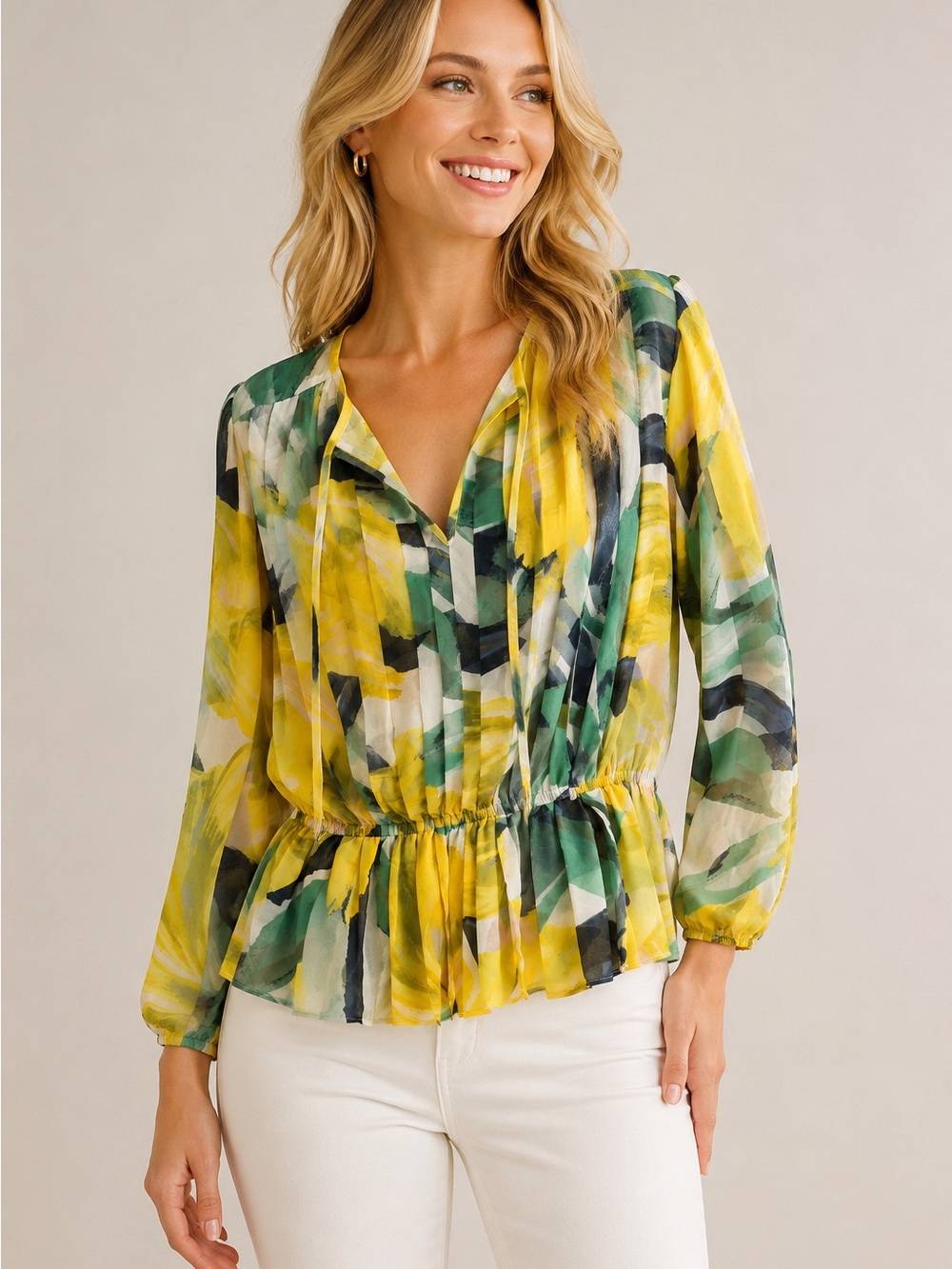 White House Black Market Abstract Print Peplum Blouse – XL